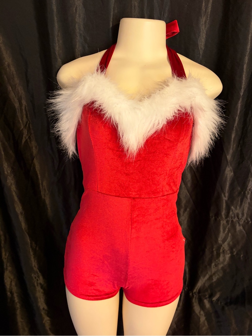 Red Velvet Holiday Halter Romper with White Feather Trim- Santa costume